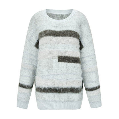imitación de felpa de otoño e invierno Mink Fur Two Tone Sweater asimétrico de rayas de cuello redondo suelto