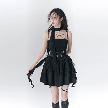 Ballet Nocturne Retro Punk Ruffle Edge Strappy Dress