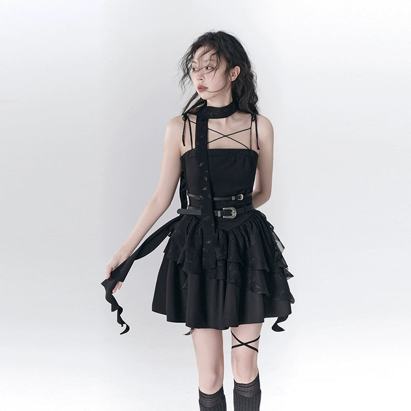 Ballet Nocturne Retro Punk Ruffle Edge Strappy Dress