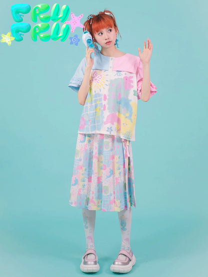Gollum Store Original cartoon dolphin cute girl powder blue print pleated midi skirt for spring and summer
