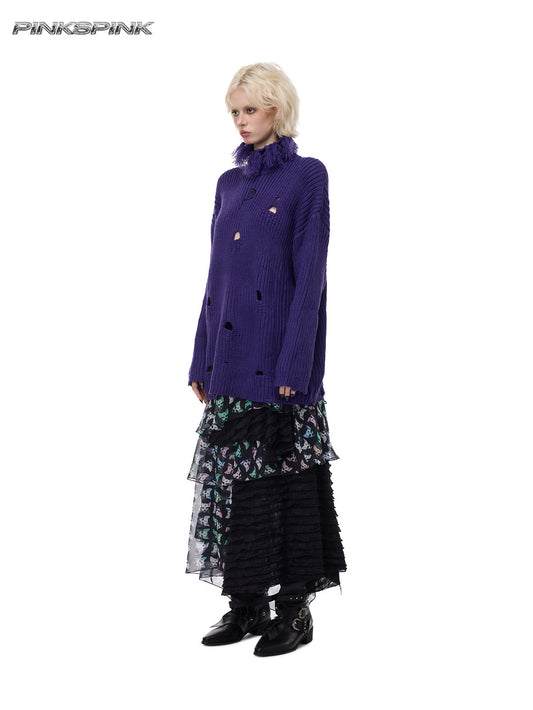 Electric Moon High-Neck Distressed Oversized Y2K Knit – Genderless Style