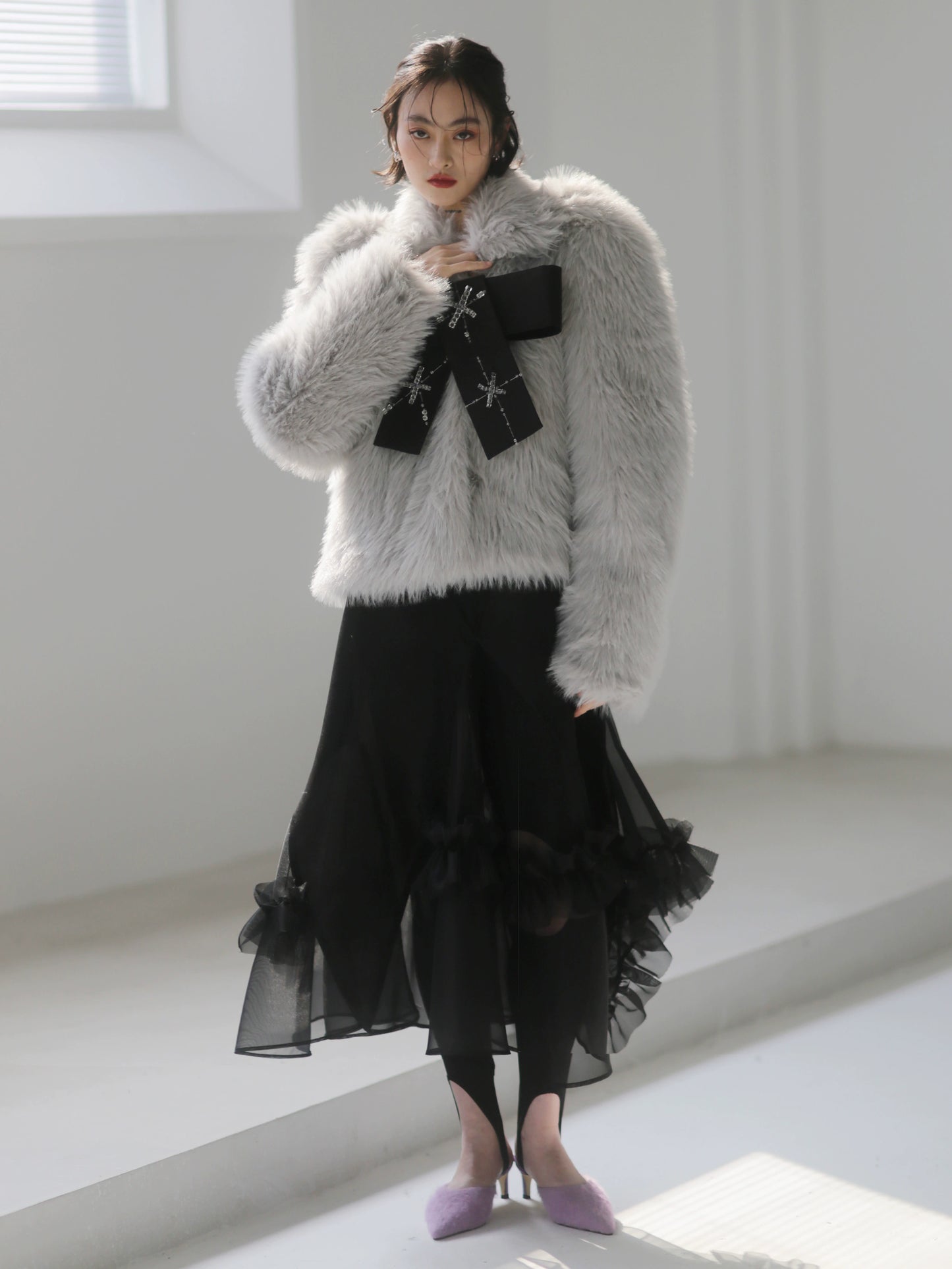 Handmade Beaded Bow Faux Fur Coat