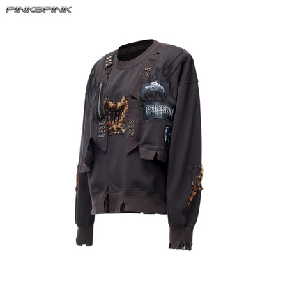 Heavyweight Thorn Leopard Heart Embroidered Punk Y2K Sweatshirt