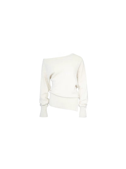 Wine afternoon Hong Kong style retro elegant vintage raccoon fleece wool blend slanted shoulder wool knit top