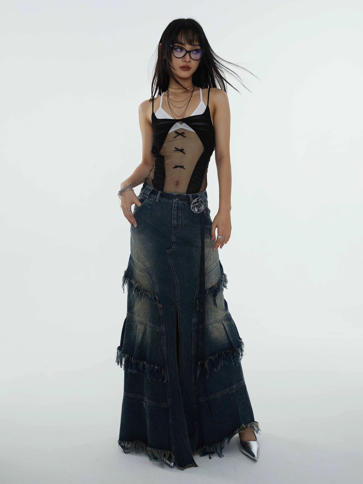 Super Long A-Shaped Distressed Denim Skirt