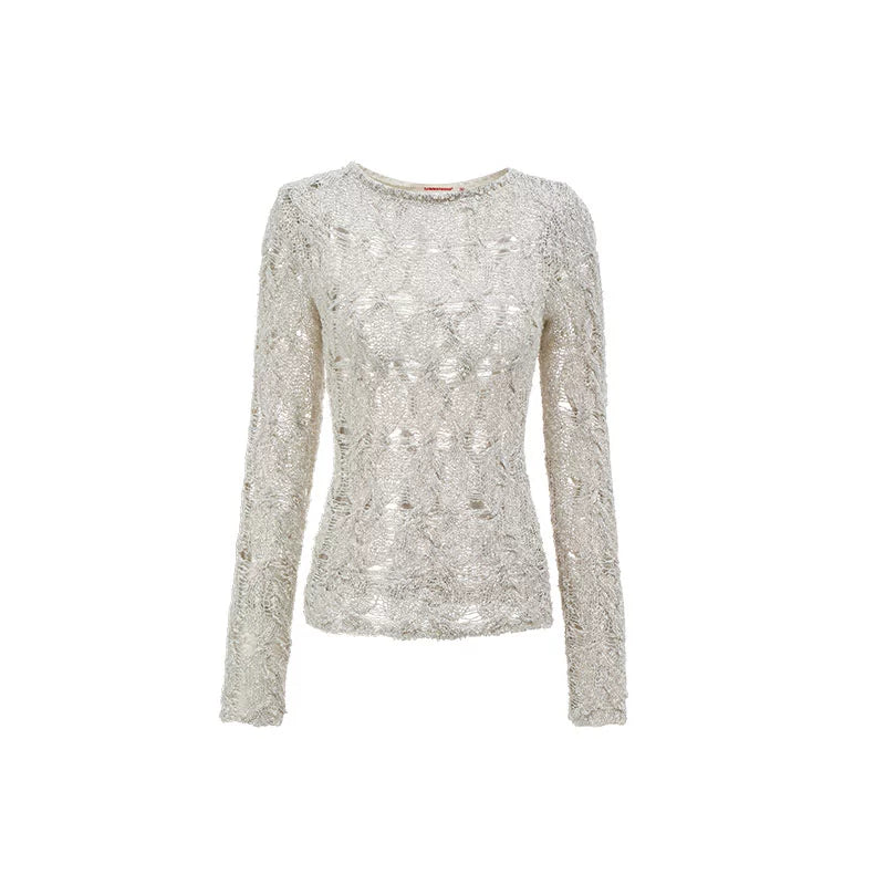 Cutout Sheer Knit Shirt – Lightweight Slim Fit Long Sleeve Top