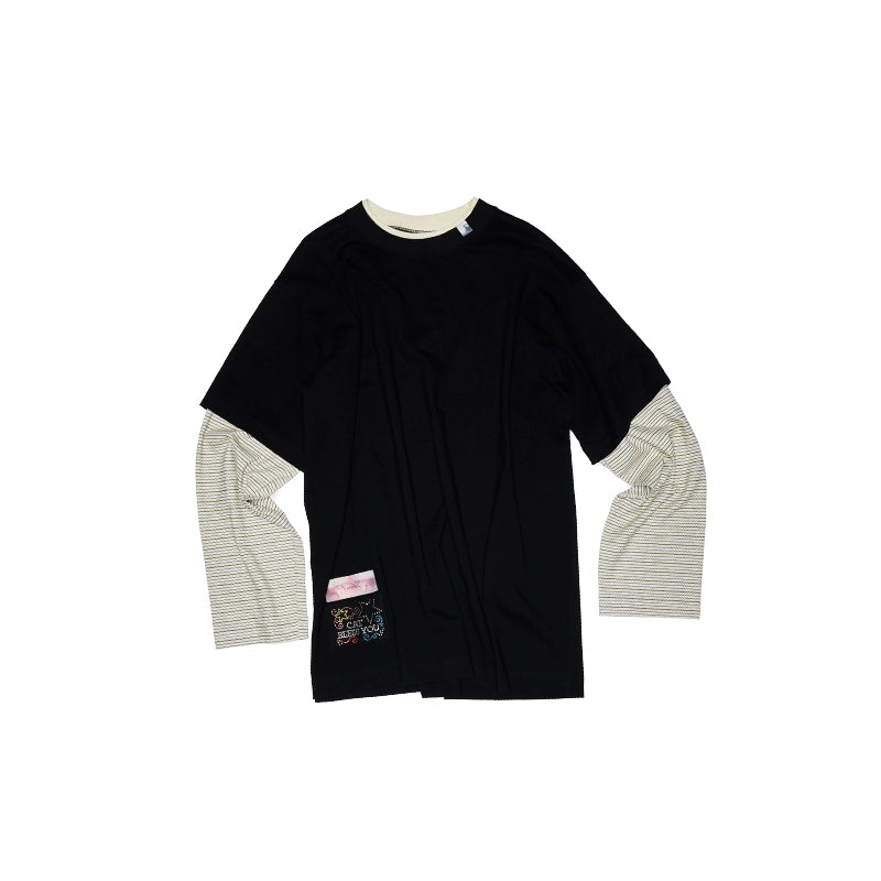 Oversized Striped Fake Two-Piece T-Shirt – Loose Contrast Long Sleeve Top