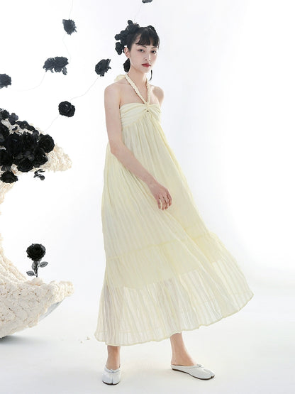 Original Light Yellow Handmade Knitted Neck Pleated Dress