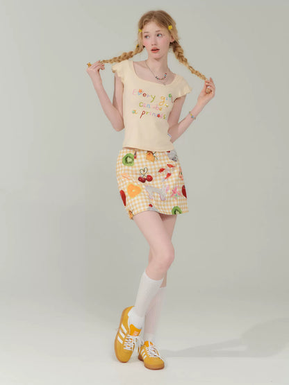 Fruit Print Short Skirt | Retro Yellow High Waist Slim Fit Summer Style