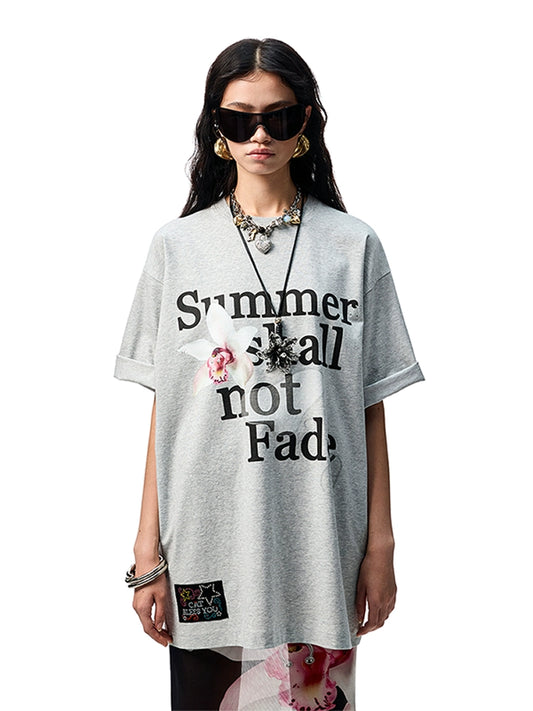 Floral Monogram Oversized T-Shirt – Loose Dropped Shoulder Rhinestone Top