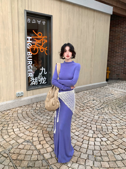 Blue Quiet Drape Knit Dress – Wine Noon Retro Autumn/Winter 2025 Edition