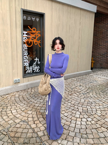 Blue Quiet Drape Knit Dress – Wine Noon Retro Autumn/Winter 2025 Edition