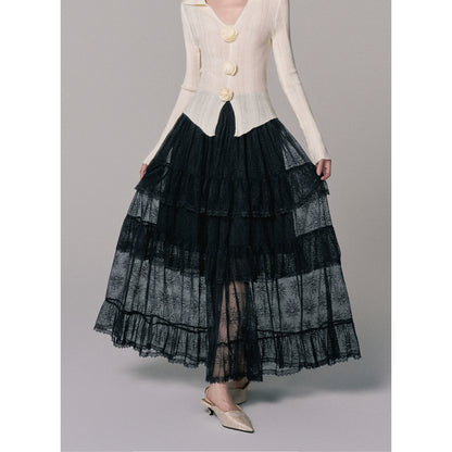 Dark Lace Cake Skirt with High-Waist Design (Niche Style)