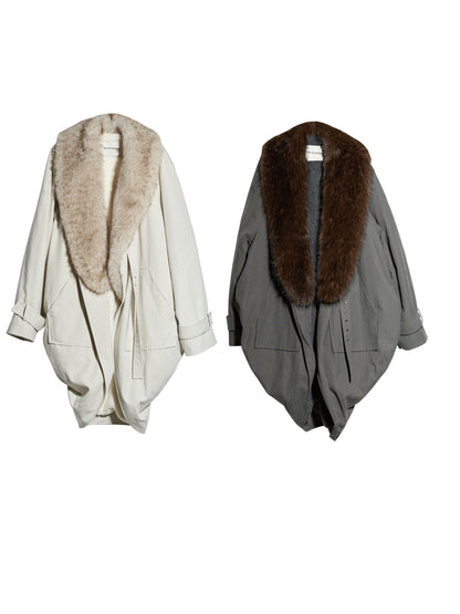 Distressed Long Jacket with Fur Collar | Urban Nomad Shell Coat