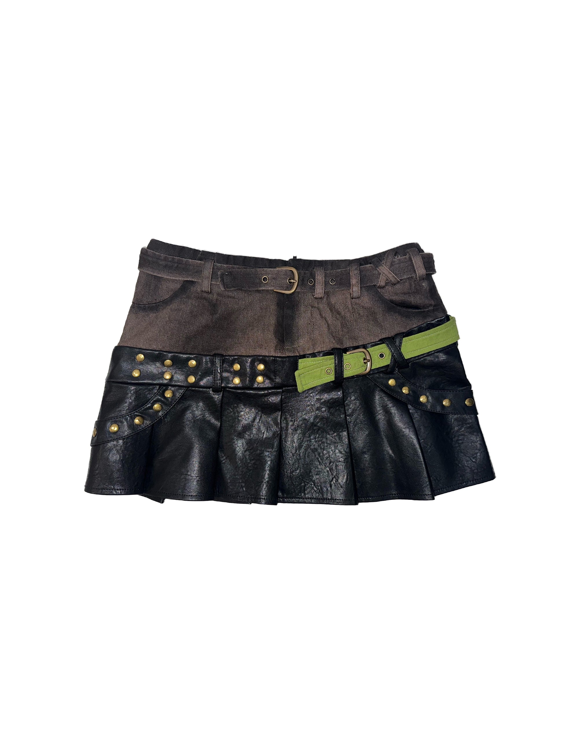 Double Belt Denim Leatherware Pleat Skirt - Original Design