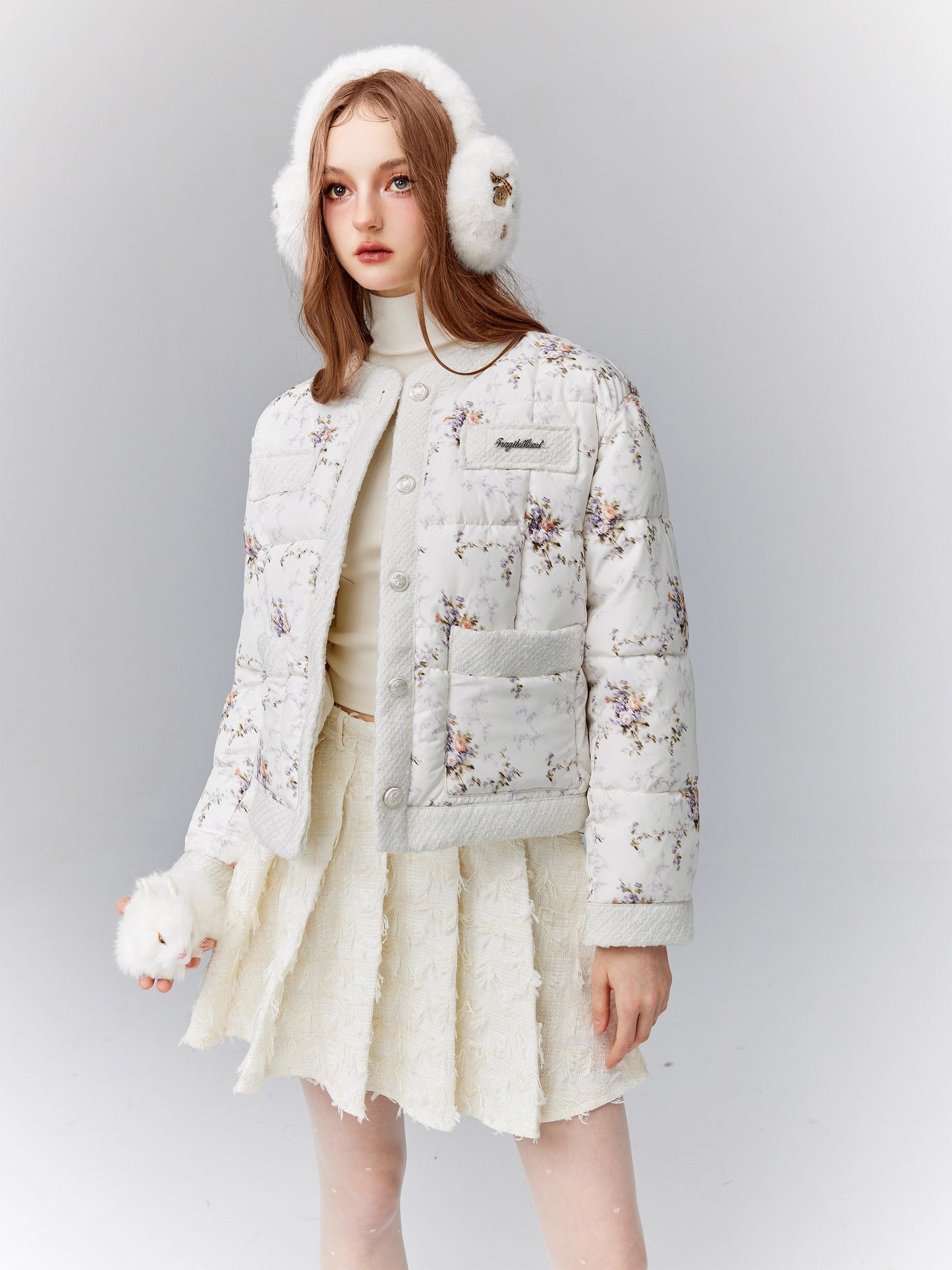 Pink Flower Falling Snow Spliced Cotton Coat