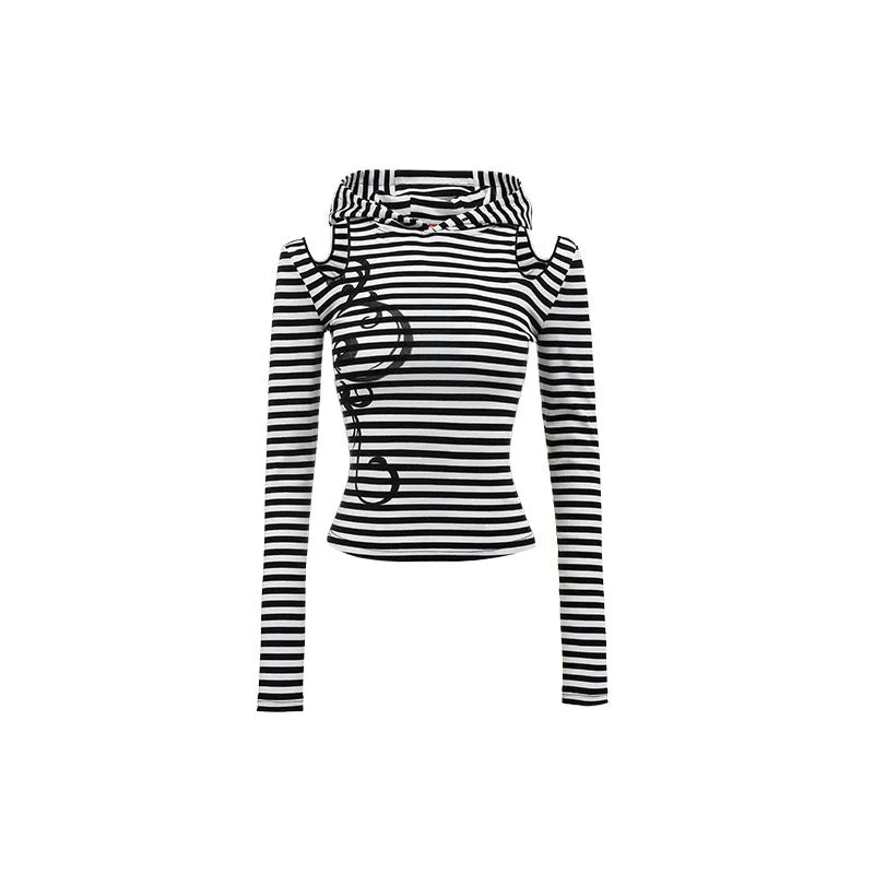 Striped Hoodie Base Layer with Cat Ears – Slim Fit Off-Shoulder Design