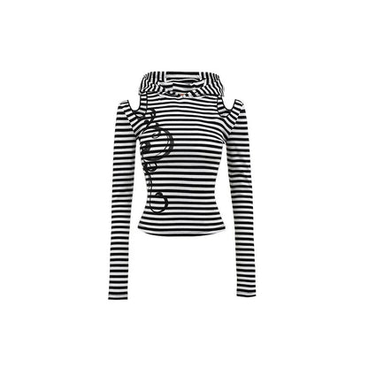 Striped Hoodie Base Layer with Cat Ears – Slim Fit Off-Shoulder Design