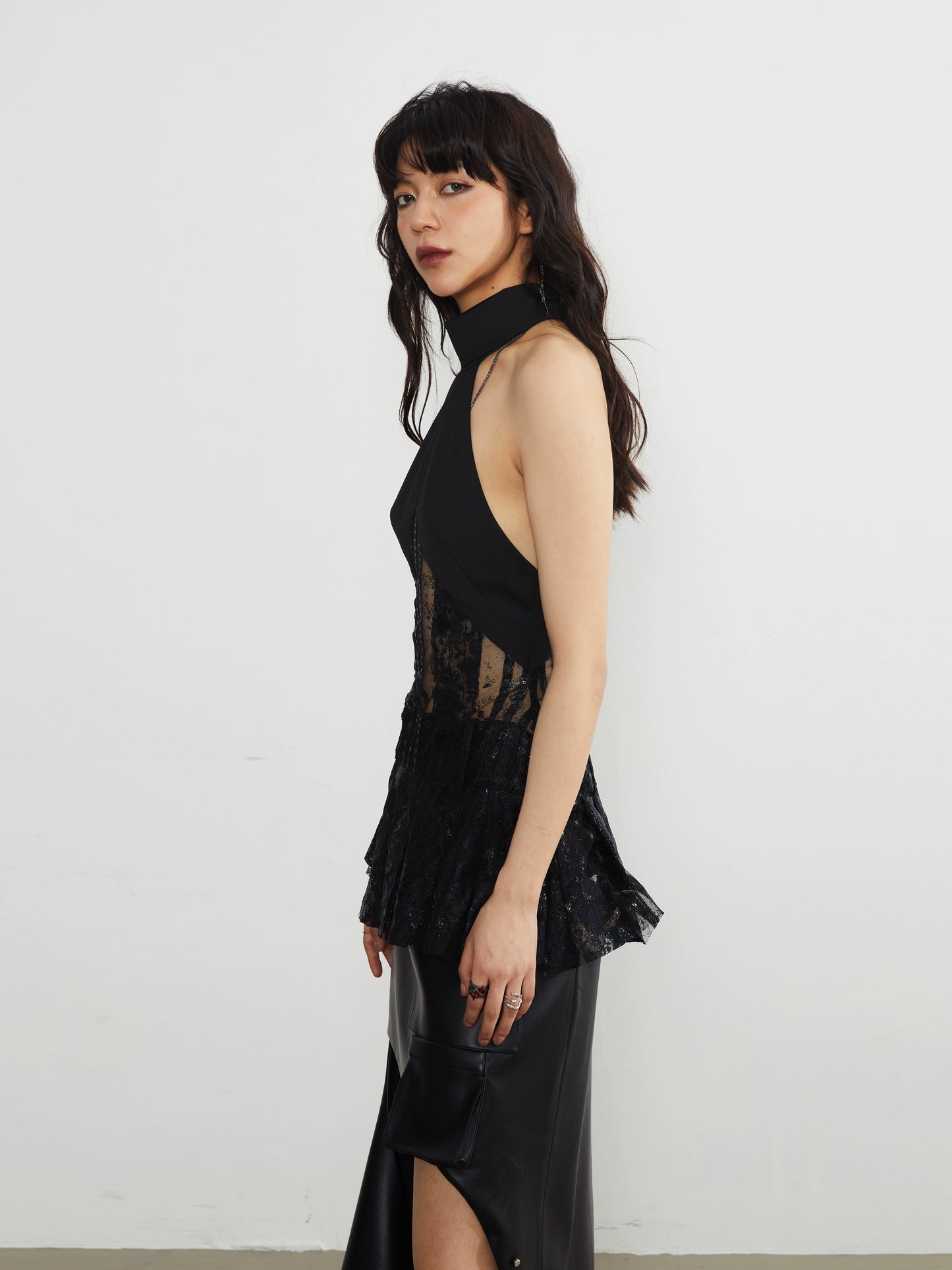 Dark Sexy Lace Sequin Pleated Hem Top