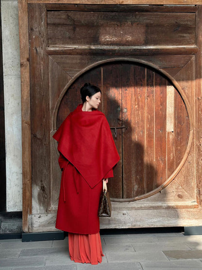 New Chinese Red Cashmere Coat – Elegant Shawl Cloak Tweed Jacket