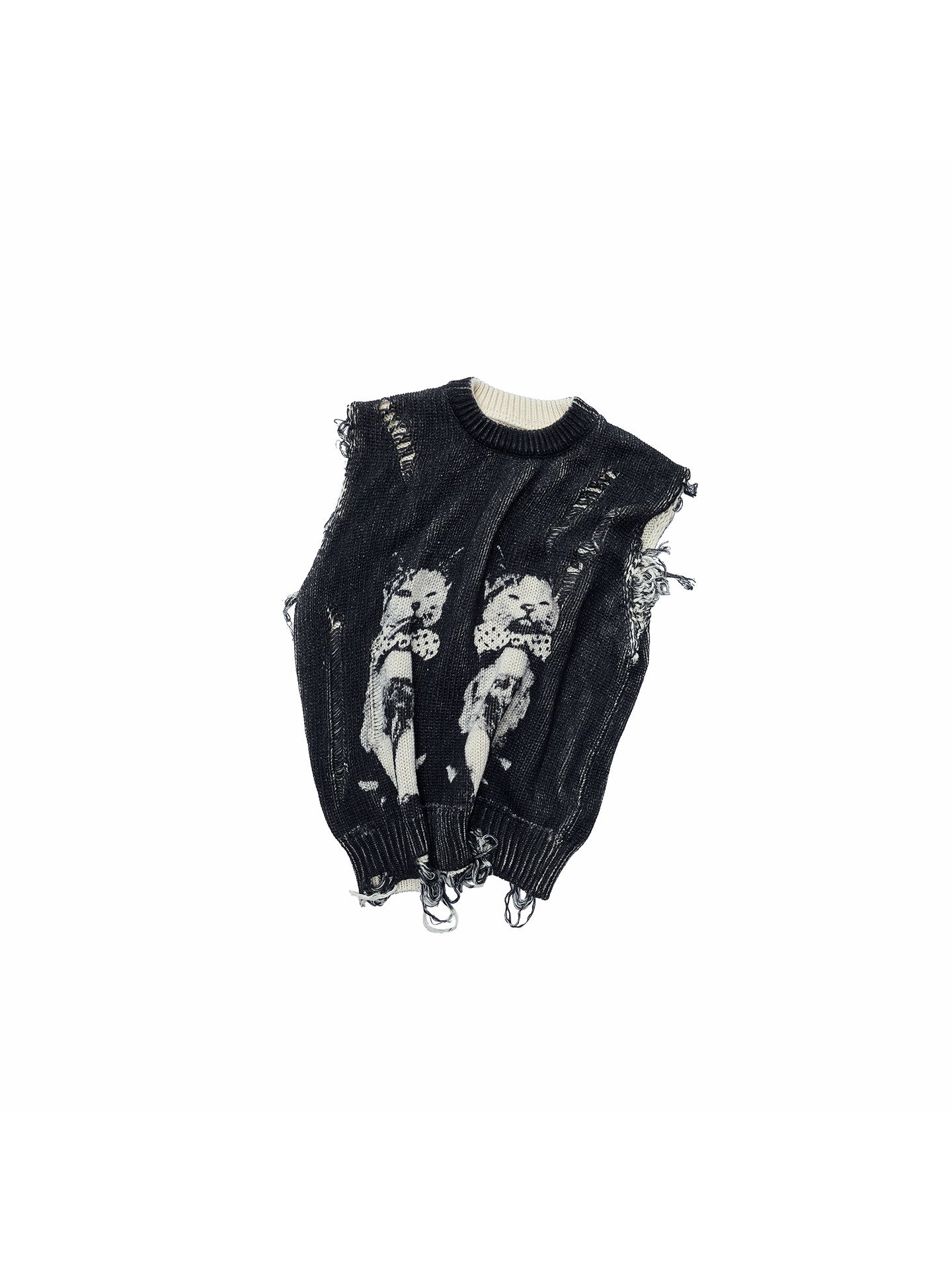 Cat Print Distressed Knit Vest