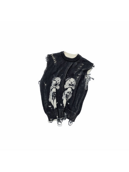 Cat Print Distressed Knit Vest