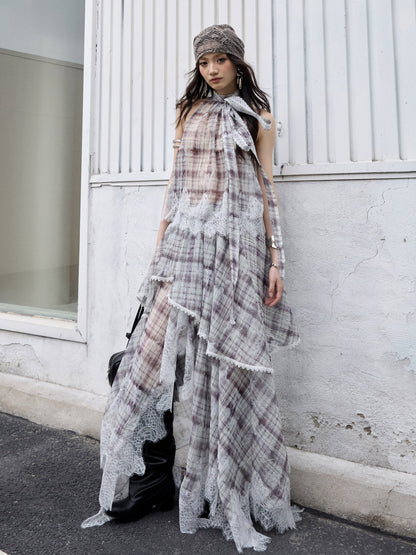 Lace Patchwork Plaid Dress | Bohemian Artist Two-Piece Dress