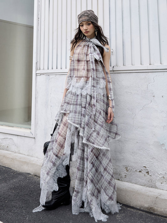 Lace Patchwork Plaid Dress | Bohemian Artist Two-Piece Dress