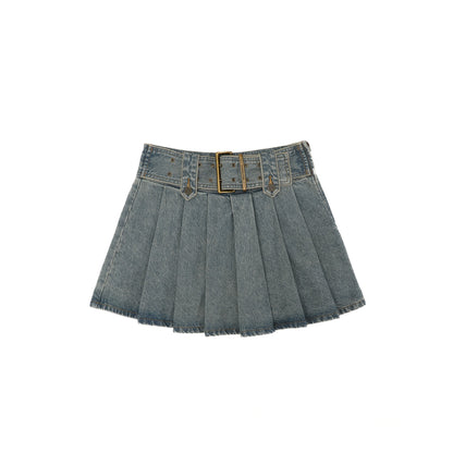 Falda plisada vaquera con cintura ancha y hardware cuadrado para mujer, nueva falda acampanada retro adelgazante de cintura alta