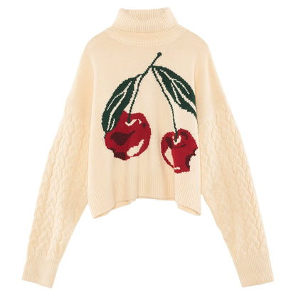 Cherry Pattern High Collar Slouchy Sweater