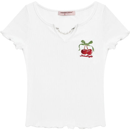 T-shirt à chaîne brodée de cerises | Conception de col en V à manches bouffantes de champignons pour l’été