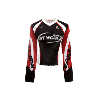 V-Neck Slim Cable Jersey Top – Cropped Long Sleeve Design