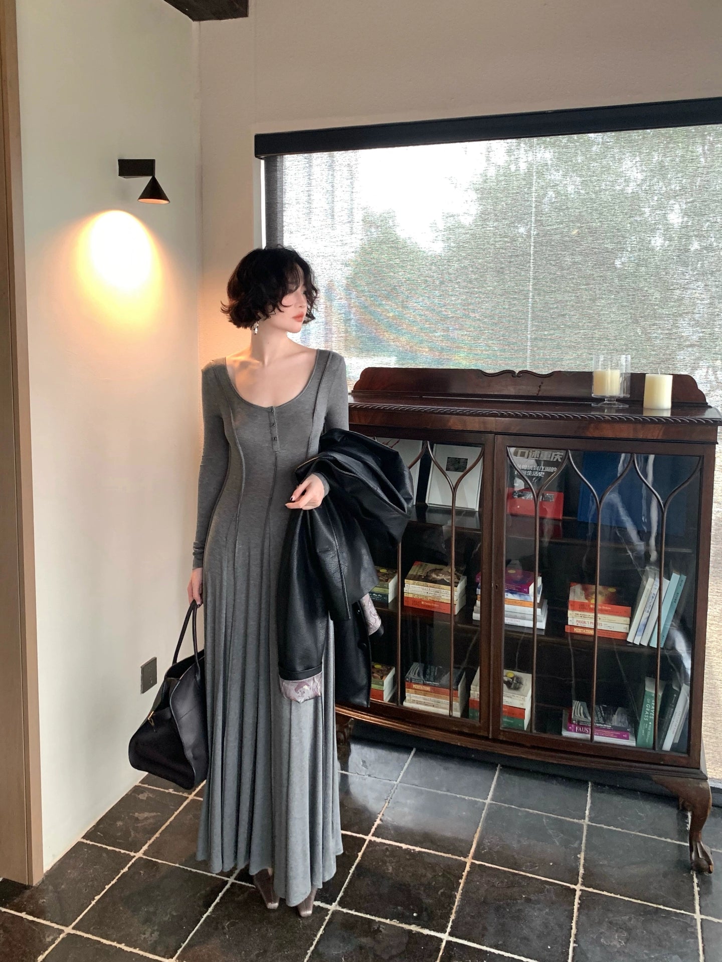 Yunshui Huai Wool-Blend Tencel U-Neck Retro Long Dress – Autumn Elegance