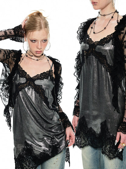 Metallic Lace Slip Dress Top – French Romantic Slim Midi Camisole