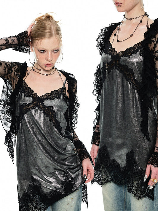 Metallic Lace Slip Dress Top – French Romantic Slim Midi Camisole