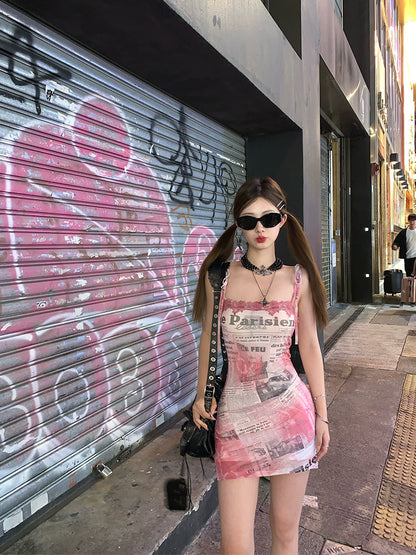 [Florence Illustration] Sexy Slim Fit Slit Mesh Camisole Skirt - Summer Style