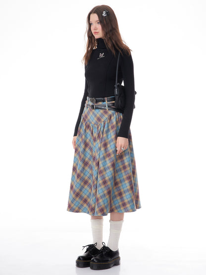 Blue Plaid Pleated Skirt | High Waist Slim Fit Retro Design for Autumn/Winter