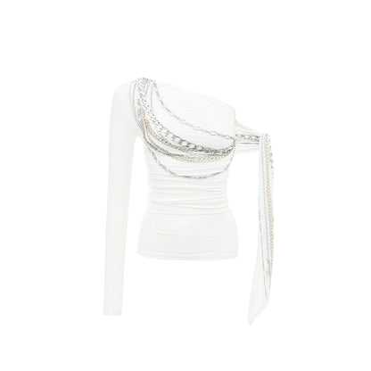 Chain Print Off-Shoulder Streamer Vest – French Style Slim Fit Tee