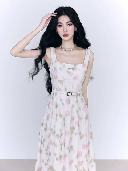 White Peach Rose Floral Lace Strap Dress