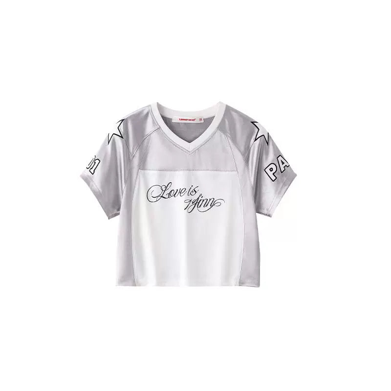 Energetic Girl Patchwork Embroidered Cropped Tennis Jersey