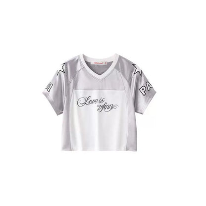 Energetic Girl Patchwork Embroidered Cropped Tennis Jersey