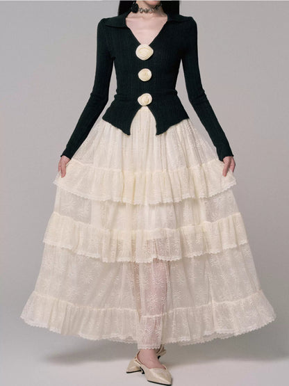 Dark Lace Cake Skirt with High-Waist Design (Niche Style)