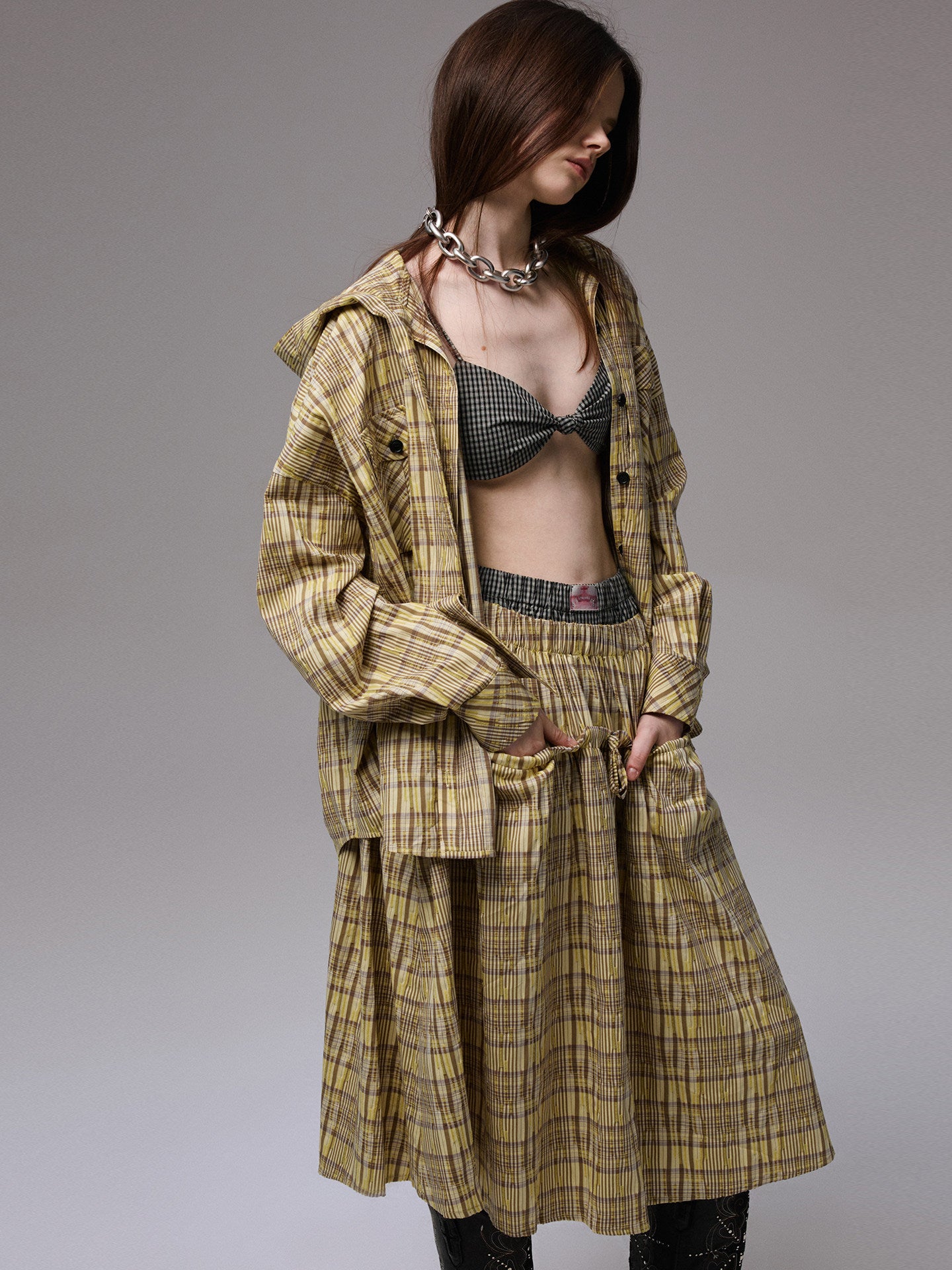 Plaid Hoodie & Wide-Leg Pants Set