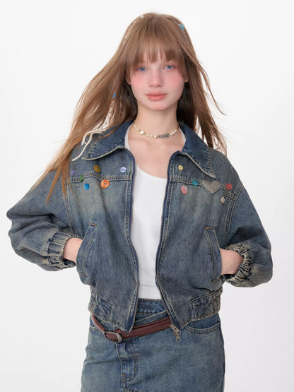 Veste en denim à boucle colorée | Fermeture éclair courte, design rétro américain pour le printemps/été