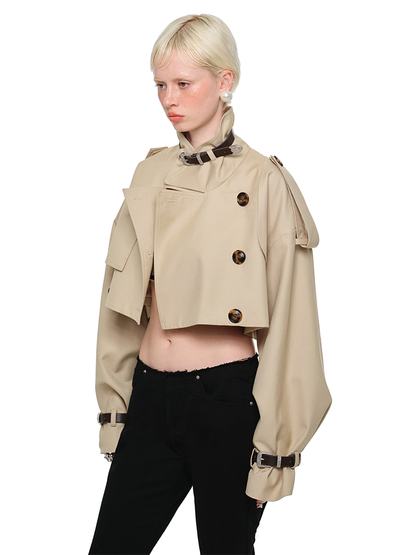Ultra-Cropped Double-Breasted Trench Jacket – Slim Fit Design for Petite Women