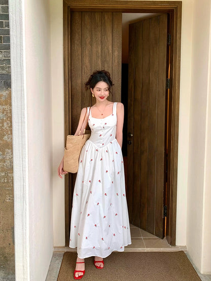 Red Rose Embroidery Midi Swing Dress