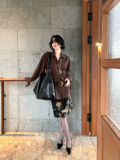 Wild Caramel Mid-Length Shirt – Retro Autumn/Winter Casual Collection