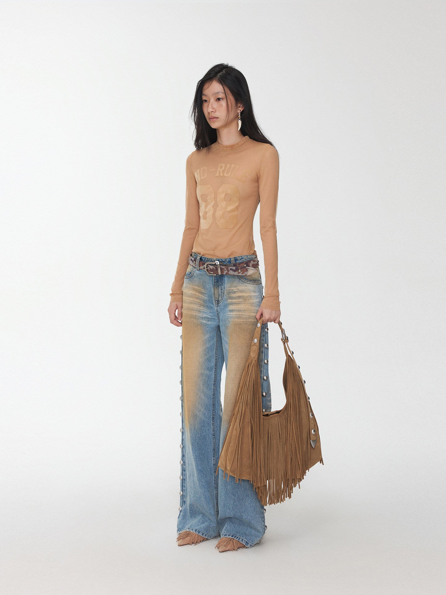 Printed Mesh Turtleneck Top