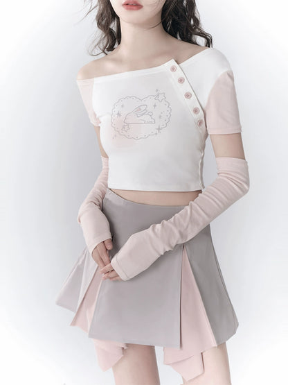 Powder Blusher Rabbit Asymmetrical Off Shoulder T-shirt