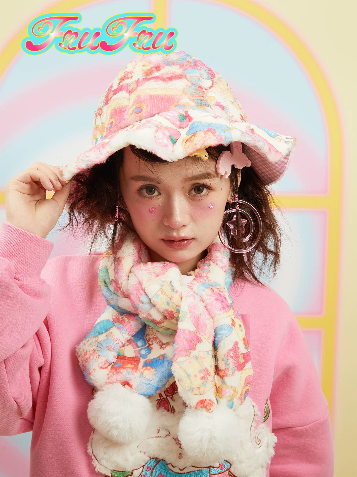 Gollum Store Original Design Cute Girl Cartoon Print Hat and Scarf Set